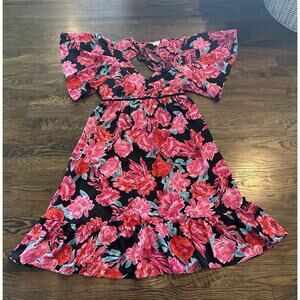 Umgee Red Black Floral Dress Size M Ruffled Flowy Sleeves Tie Front Party Dress